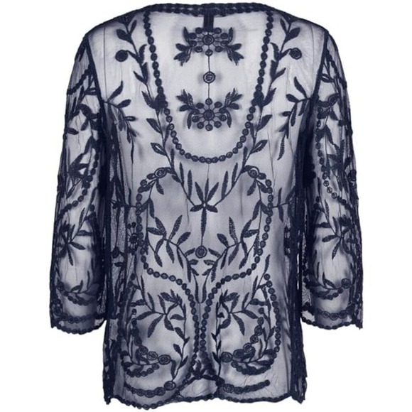 Floral Embroidered Sheer Lace Cardigan Kimono Duster Top - Picture 2 of 8